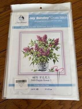 Purple Flowers Joy Sunday Cross Stitch Kit 11 CT Aida Pre-Printed